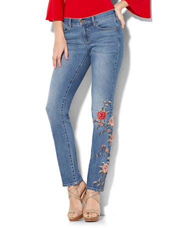 embroidered straight leg jeans