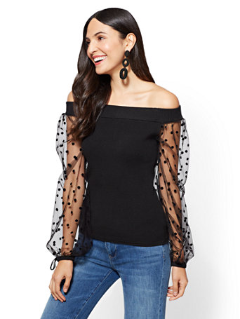 NY&C: 7h Avenue - Lace-Sleeve Off-The-Shoulder Sweater