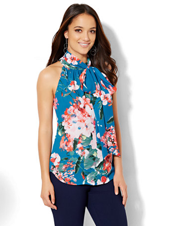 NY&C: 7th Avenue Design Studio - Tie-Neck Halter Bow Blouse - Floral