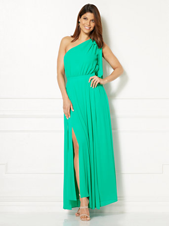one shoulder green maxi dress
