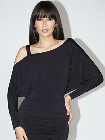 Image of NY&Co Women's Asymmetrical Dolman-Sleeved Top - Style System Black | Size X-Small | Spandex/Polyester
