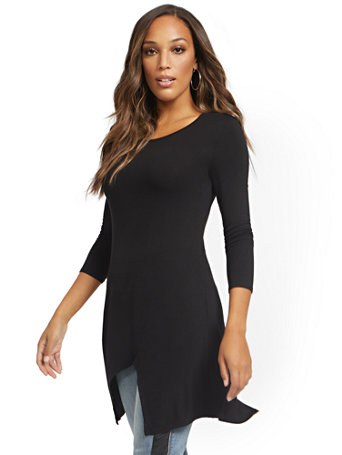 Image of NY&Co Women's Asymmetrical Sharkbite Hem Tunic Top Black | Size X-Small | Spandex/Rayon