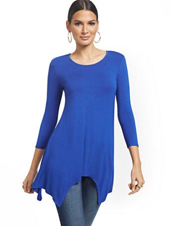 Image of NY&Co Women's Asymmetrical Sharkbite Hem Tunic Top Ming Blue | Size X-Small | Spandex/Rayon