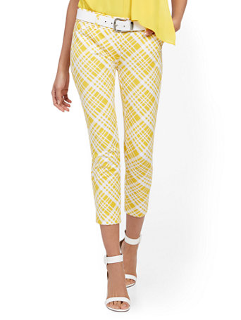 Image of NY&Co Women's Audrey Capri Slim-Leg Pants - Plaid Tulip Yellow | Size  | Spandex/Cotton