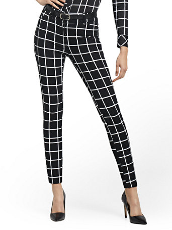 Image of NY&Co Women's Audrey High-Waisted Ankle Pants - Grid-Print Black | Size  | Spandex/Cotton