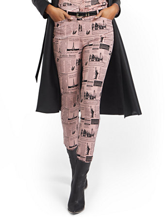 Image of NY&Co Women's Audrey High-Waisted Ankle Pants - Newspaper-Print Antique Rose | Size  | Spandex/Cotton