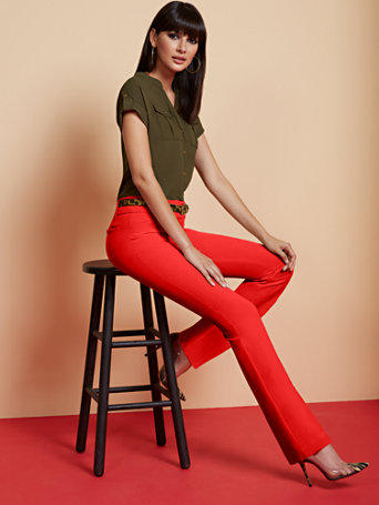 Image of NY&Co Women's Barely Bootcut Pants - Mid Rise - Double Stretch Red Harbor | Size  | Spandex/Polyester/Rayon