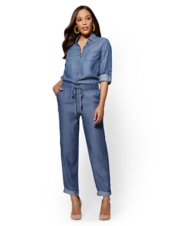 belted denim jumpsuit