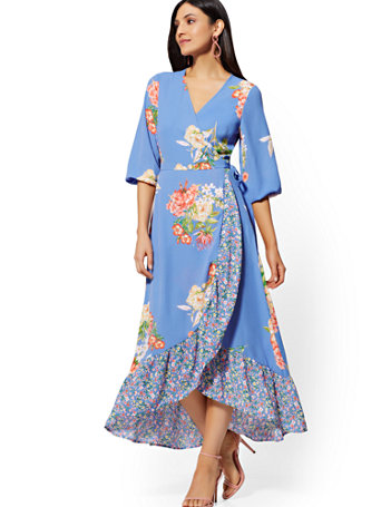 blue floral wrap maxi dress