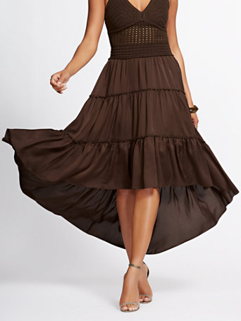 brown skirt gabrielle union tiered maxi lo hi