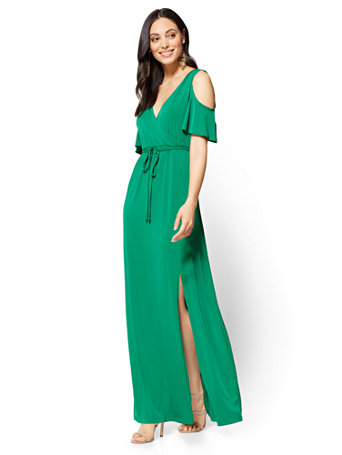 green cold shoulder maxi dress