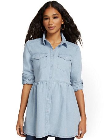 Denim Babydoll Button-Down Shirt | New 
