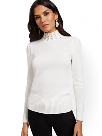 NY&C: Embellished Mock-Neck Puff-Sleeve Sweater