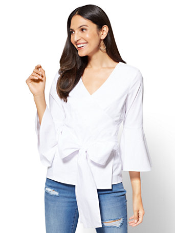 Flared-Sleeve Poplin Wrap Shirt | New York & Company