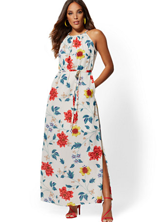 NY&C: Floral Braided-Trim Halter Maxi Dress