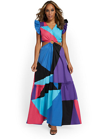 Geometric-Print Cut-Out Maxi Dress 