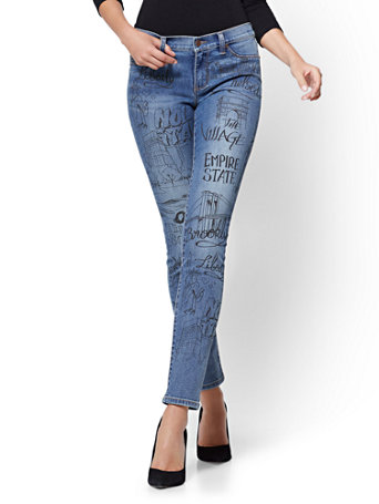 Graffiti-Print Skinny Jeans - Calm Blue Wash | New York & Company