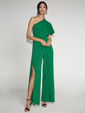one shoulder green jumpsuit