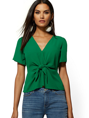 NY&C: Green Slit-Sleeve Tie-Front Blouse