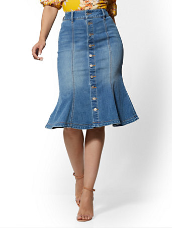 high waisted blue denim skirt