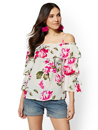 Ivory Floral Off-The-Shoulder Blouse | New York & Company