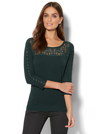 NY&C: Lace-Accent Studded Sweater - 7th Avenue