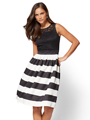 black and white fit and flare dress
