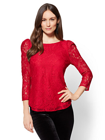 Lace-Overlay Blouse - Red - 7th Avenue | New York & Company