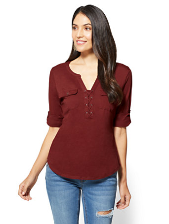 Lace-Up Henley Top | New York & Company