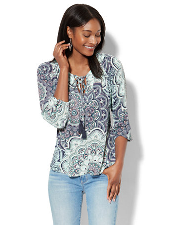 NY&C: Lace-Up Peasant Blouse - Paisley Print