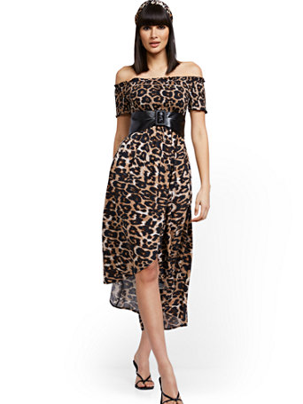 leopard off the shoulder dress