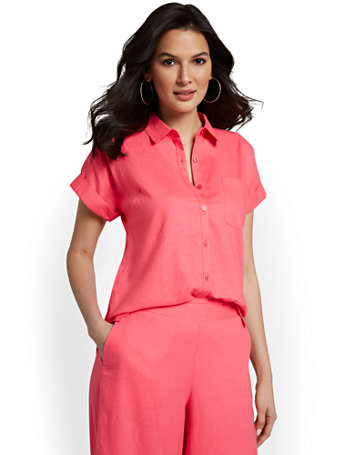 Linen-Blend Button-Front Short-Sleeve Top