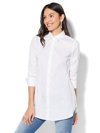 Madison Stretch Shirt - Side-Vent Tunic Shirt - White - 7th Avenue ...