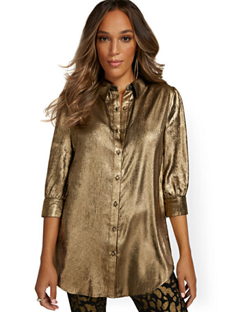 Metallic Button-Down Tunic Shirt | New 