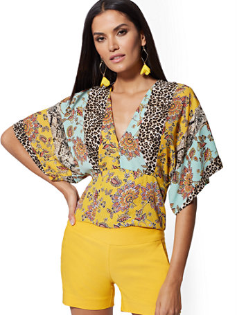 Mixed-Print Flutter-Sleeve Blouse | New York & Company