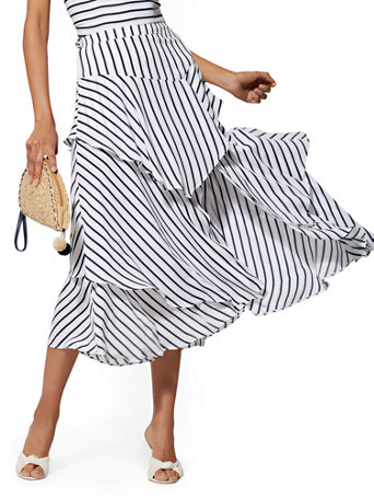 ruffle tiered midi stripe skirt navy