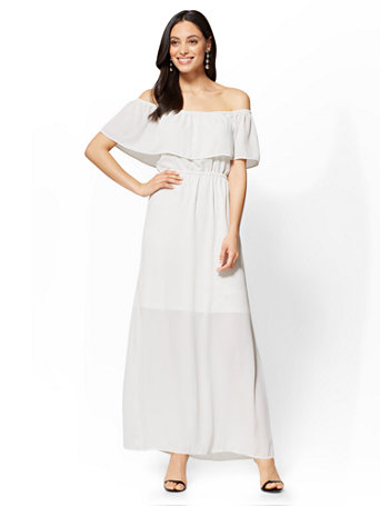 off shoulder white dress maxi