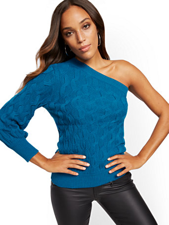 one shoulder cable knit sweater