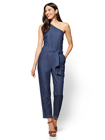 one shoulder jumpsuit blue