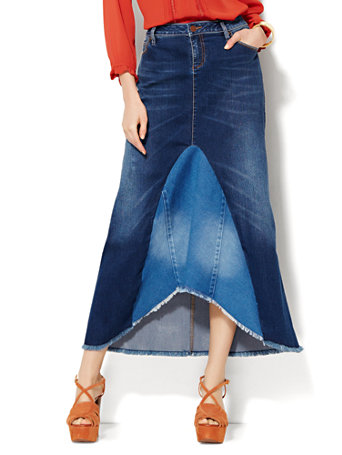 long denim patchwork skirt