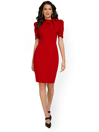 Puff-Shoulder Bow-Detail Sheath Dress 