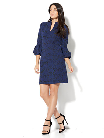 puff sleeve v neck jacquard dress