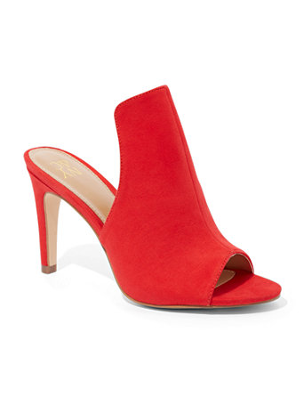 red high heel mules