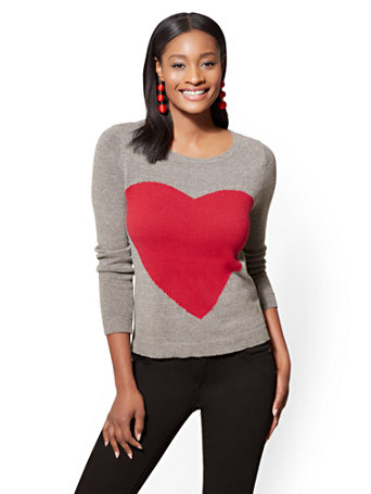 grey sweater with red heart