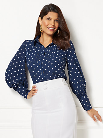 navy blue and white polka dot blouse