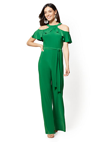 green cold shoulder jumpsuit