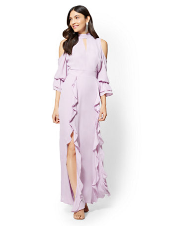 ruffle cold shoulder maxi dress