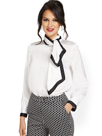 Shiny Long-Sleeve Tie-Neck Blouse | New 