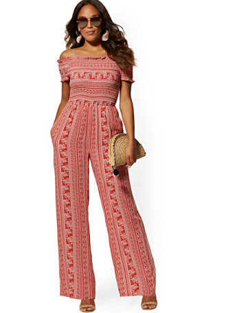 off the shoulder smocked jumpsuit