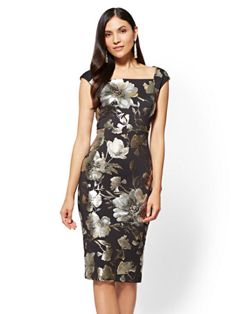 Square-Neck Sheath Dress - Metallic-Foil Floral - 7th Avenue | New York ...